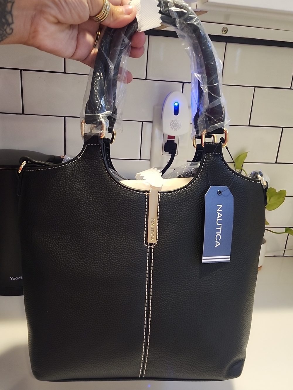 Nautica Black Pebbled Tote with Gold Hardware